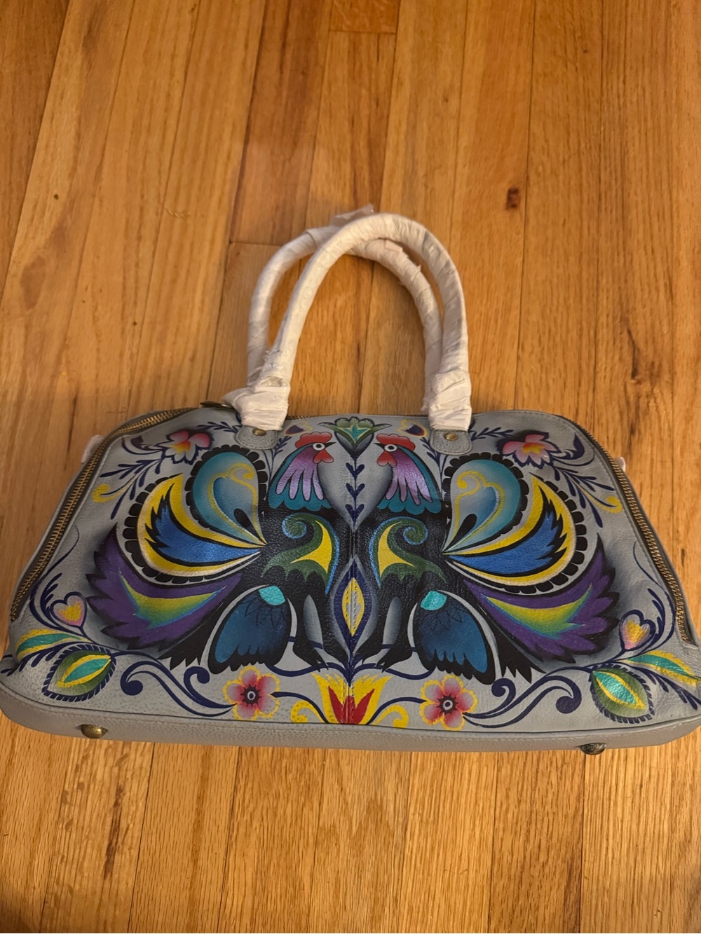 Anuschka Leather Handbag Hand Painted Chicken Print Shoulder Bag With Crossbody